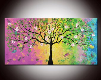 Original Modern Abstract Large Abstract Painting 24x48 - Textured Impasto Flower Tree Painting by Helen