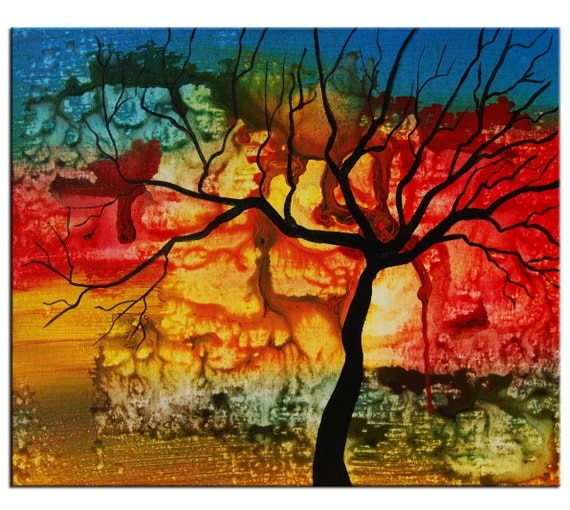 Art painting Abstract Original Modern Colorful red Tree