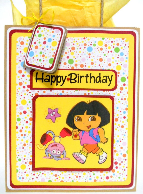 Dora Birthday Gift Bag with Matching Gift Tag