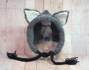 wolf hat, knit wolf bonnet, gray wolf cap, toddler animal hat, baby photo prop,boy hat, girl hat, wolf ears, wolf halloween costume, alpaca