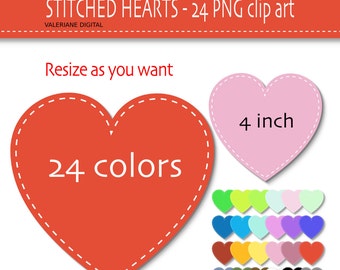 24 stitched digital hearts Clipart - Digital Clip Art scrapbooking- PNG and JPG files - Clip Art Designs Instant Download 091
