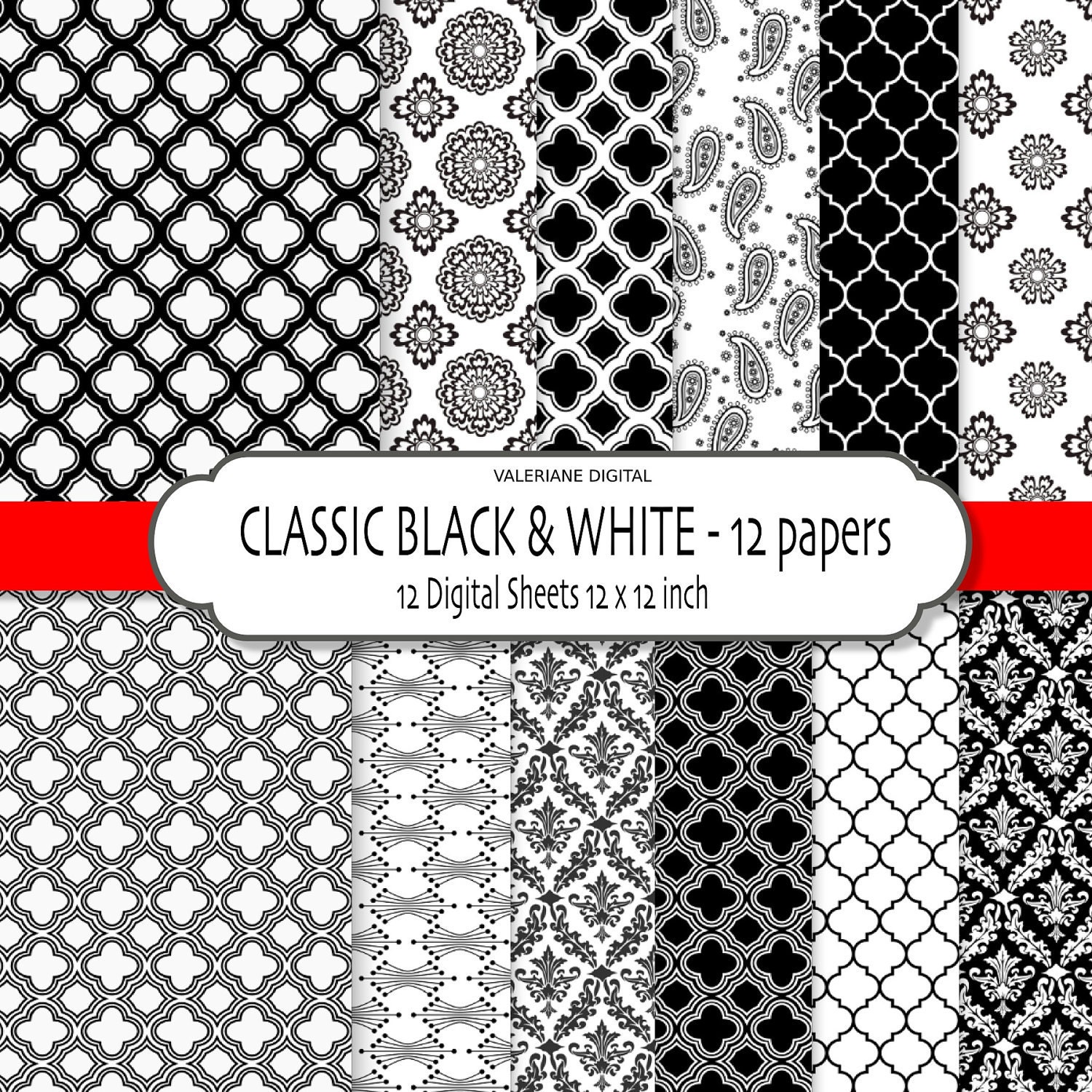 Damask digital paper black and white scrapbook paper damask