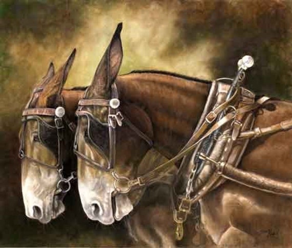 Bit by Bit- a  pastel drawing from artist Wendy Leedy's mule collection- fine art print, signed