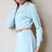 70s Sweater Dress - vintage pale pastel ice blue knit, Nordic snow bunny lodge style, midi length & portrait neckline