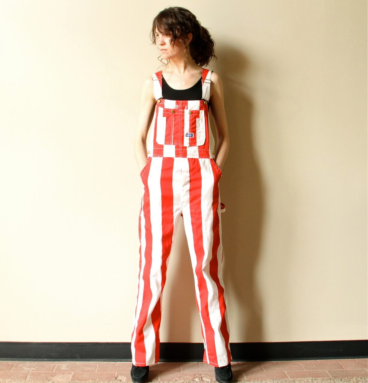 Striped Denim Overalls vintage 80s cherry red & white circus