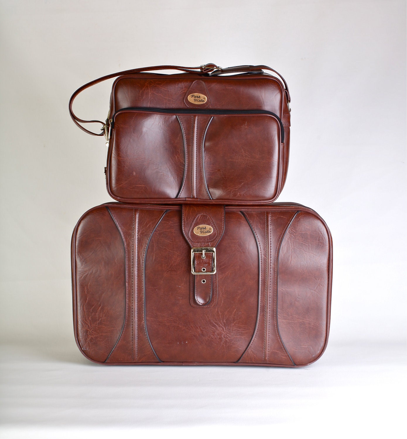Vintage Brown Buckle Suitcase Messenger Bag Set with Keys