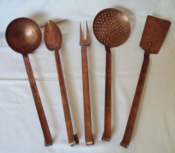 Vintage French Copper 5 Kitchen Utensils Spoon Fork Spatula