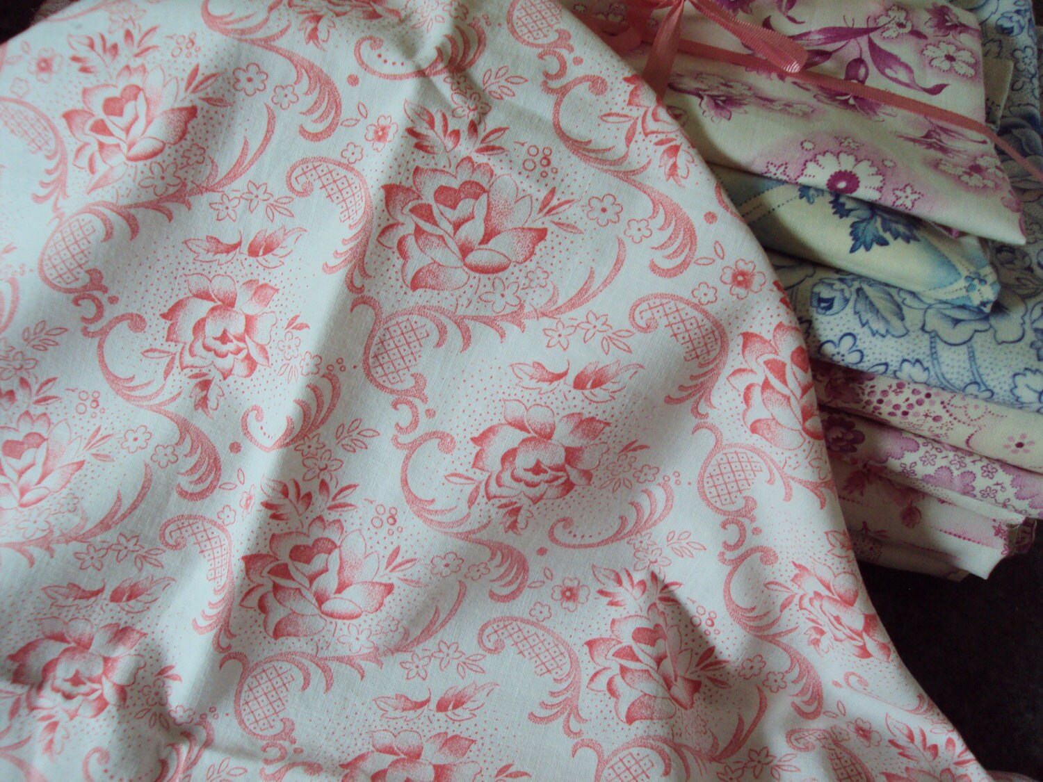 Vintage French Fabric Pink Roses Small Flowers Scrolls Art