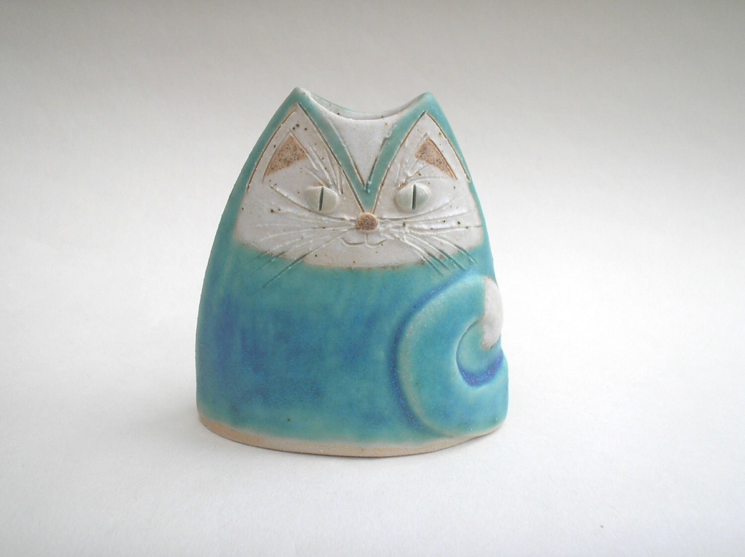 Turquoise Ceramic Cat Vase... Handmade Pottery
