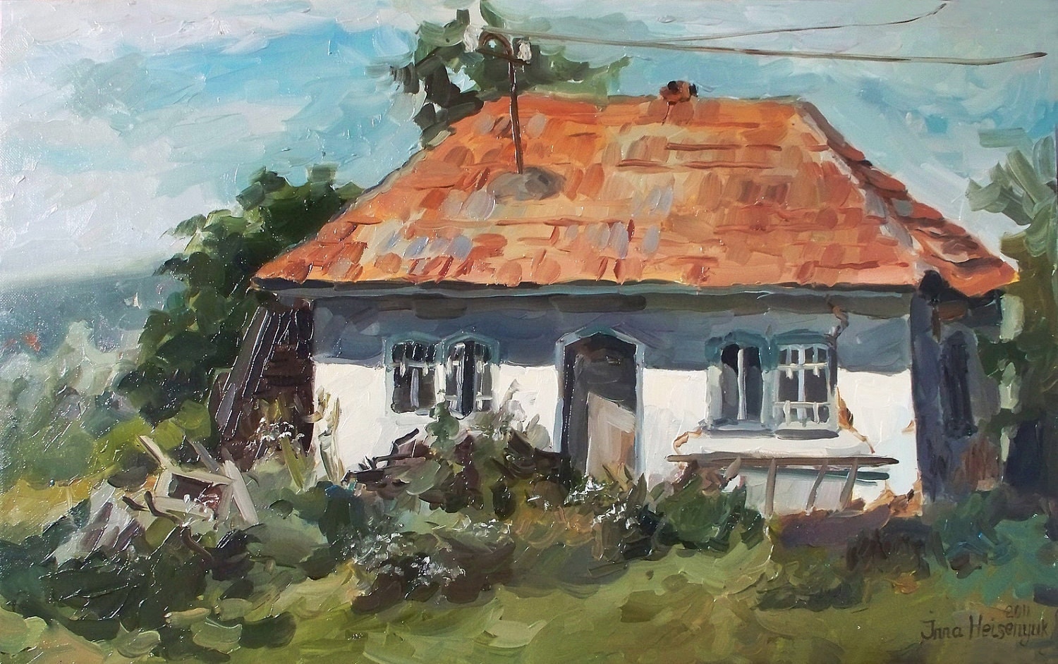 Original Oil  Painting House  with the orange roof 
