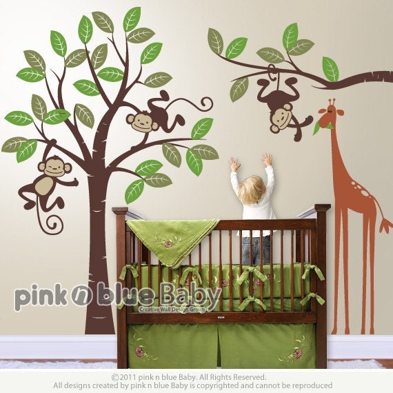 Nursery Wall Decal Monkeys and giraffe Kids by pinknbluebaby