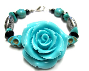 Day Of The Dead Bracelet Sugar Skull Jewelry Rose Blue Silver Black