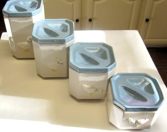 Blue White Canisters Ceramic Goose Geese Set of 4