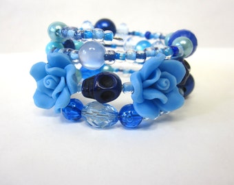Summer Sky Day of the Dead Bracelet Sugar Skull Wrap Around Cuff Blue Rose Skulls