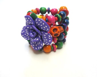 Day of the Dead Bracelet Purple Pink Green Yellow Sugar Skull Wrap Around Cuff