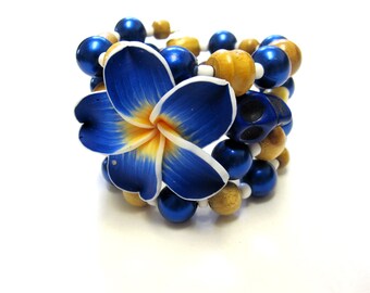 Day of the Dead Bracelet Sugar Skull Wrap Around Cuff Wood Blue White