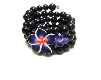 Purple Rose Day of the Dead Bracelet Sugar Skull Wrap Bracelet Black