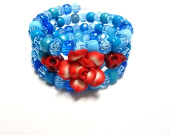 Blue Day of the Dead Bracelet Red Sugar Skull Wrap Bracelet
