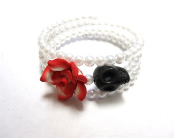 Red Rose Day of the Dead Bracelet Black Sugar Skull Wrap Cuff