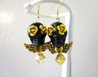 Day of the Dead Earrings Sugar Skull Jewelry Black Gold Wings