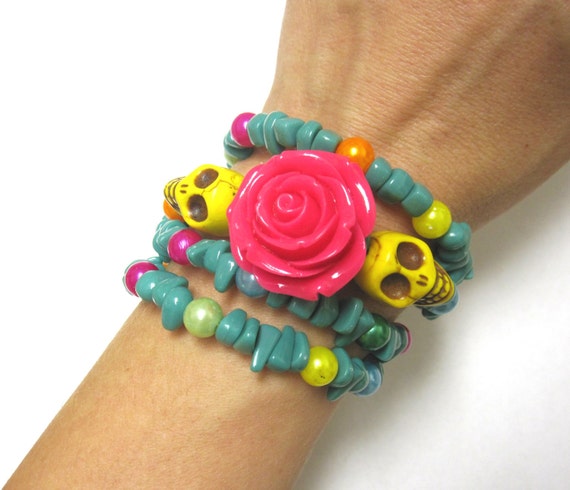 Day of the Dead Bracelet Pink Turquoise Blue Yellow Pink Sugar