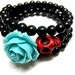 Day of the Dead 3 Loop Cuff Wrap Sugar Skull Jewelry Red Skull & Blue Rose