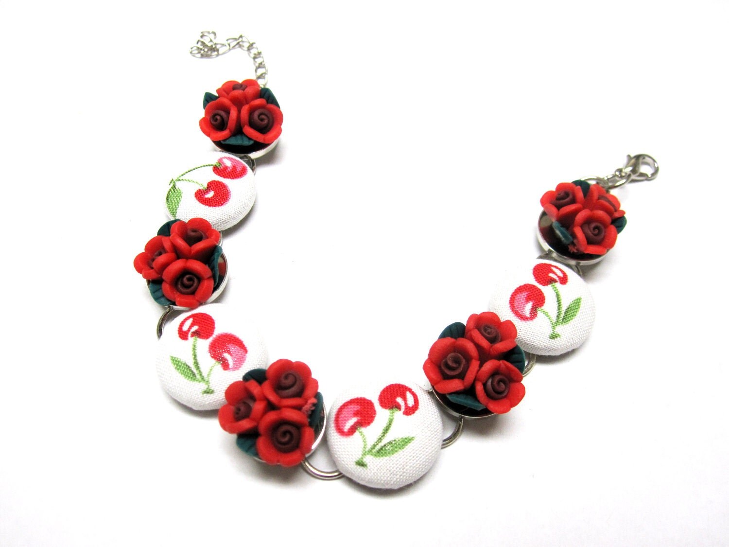 Rose and Cherry Bracelet Rockabilly Jewelry Button Cherries