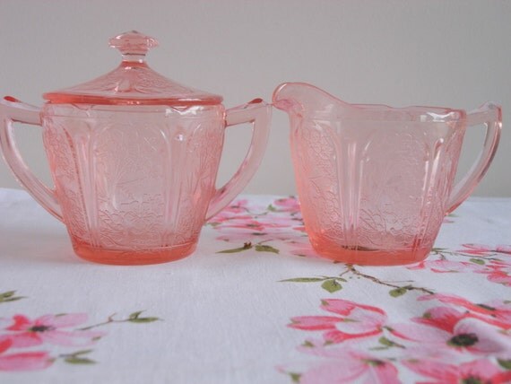 Pink Depression Glass Cherry Blossom Sugar with Lid and