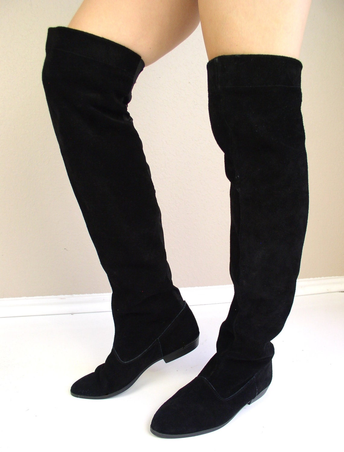 black suede thigh high boots flat