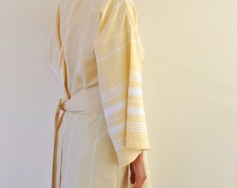 Bathrobe Wearable Cotton Turkish Bath Towel Peshtemal Kimono Robe Handmade Eco Friendly Yellow Obi Belt Pale Zen Minimalist Thin Delicate