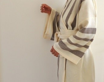 Robe Kimono Peshtemal Bathrobe Bath Robe Turkish Bath Towel Eco Friendly Extra Soft Cotton Obi Belt Brown Striped