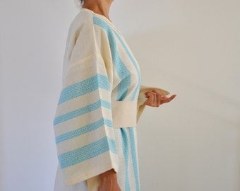 Bath Robe Kimono Robe Wearable Turkish Bath Towel Cotton Peshtemal Caftan Eco Friendly Extra Soft Ivory Turquoise Blue Aqua