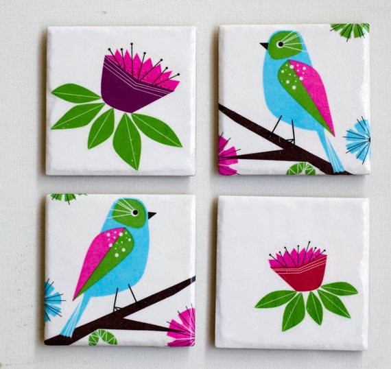 Items similar to A set of 4 decorative ceramic coasters Birds (Let's