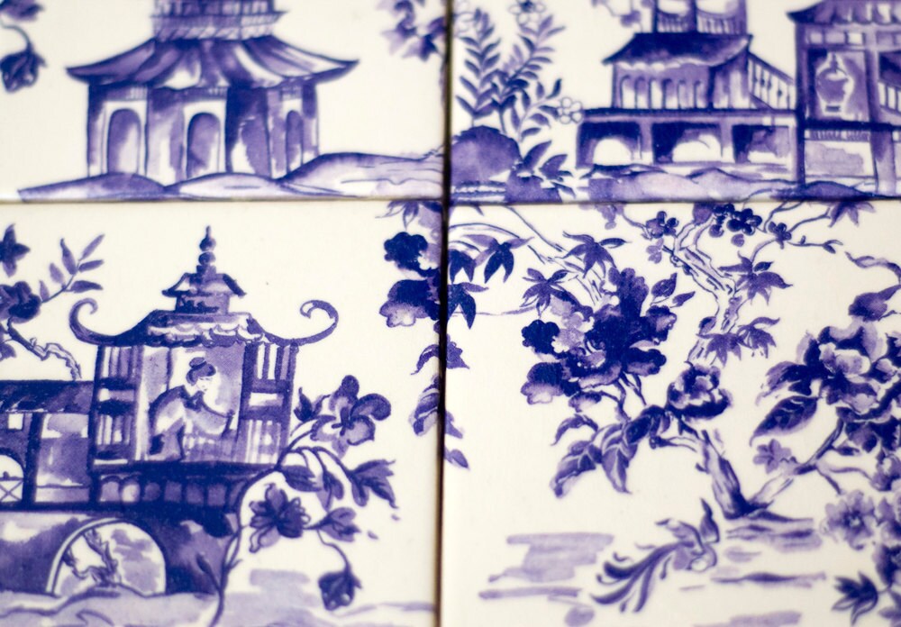 Ceramic Tile Coasters Japan in Watercolor Indigo set of 4