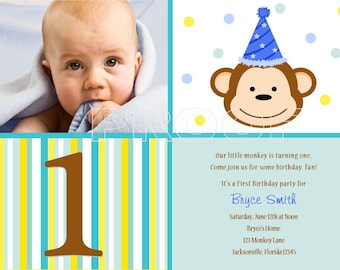 Custom Modern Monkey Photo Birthday Invitation