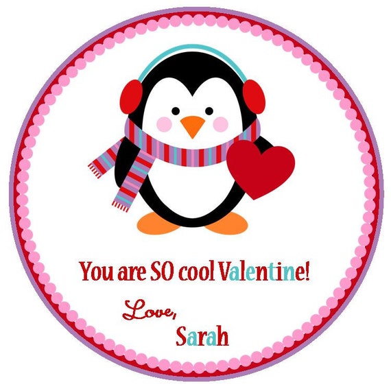 So Cool- Penguin Valentine's Favor Tags or Stickers - Boy or Girl Colors Available Il_570xn