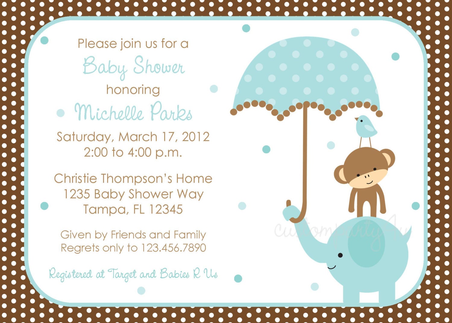 Polka Dot Elephant Baby Shower Invitation Boy Design