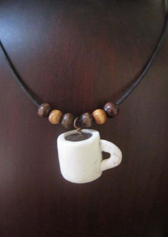 Items similar to handmade polymer clay coffee cup necklace on leather