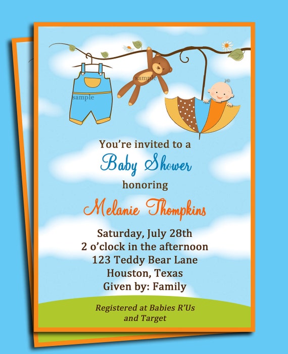 Teddy Bear Umbrella Boy's Baby Shower Invitation Printable