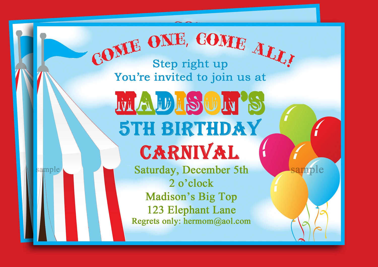 Circus Carnival Birthday Invitation Printable or Printed with