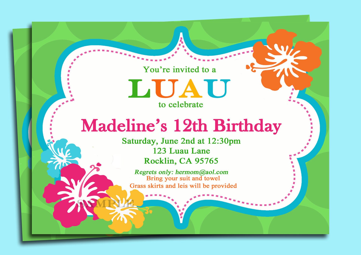  Luau Invitation Printable or Printed with FREE SHIPPING