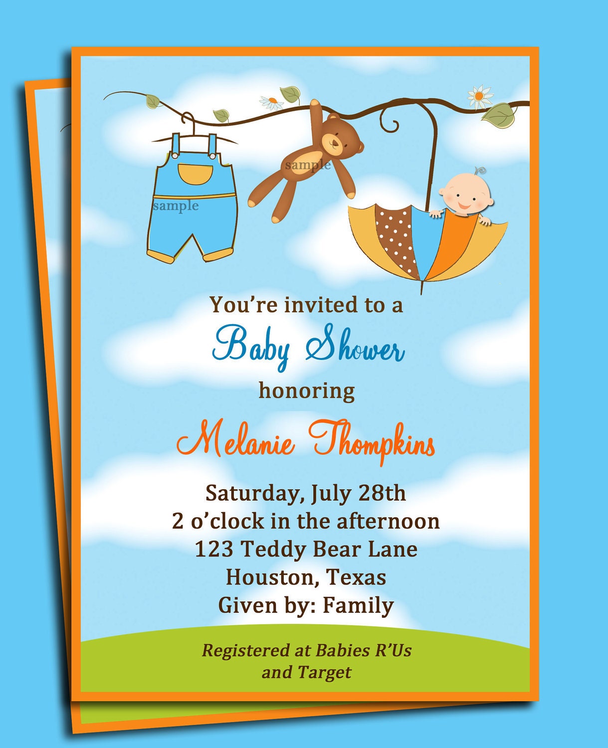 Teddy Bear Umbrella Boys Baby Shower Invitation Printable