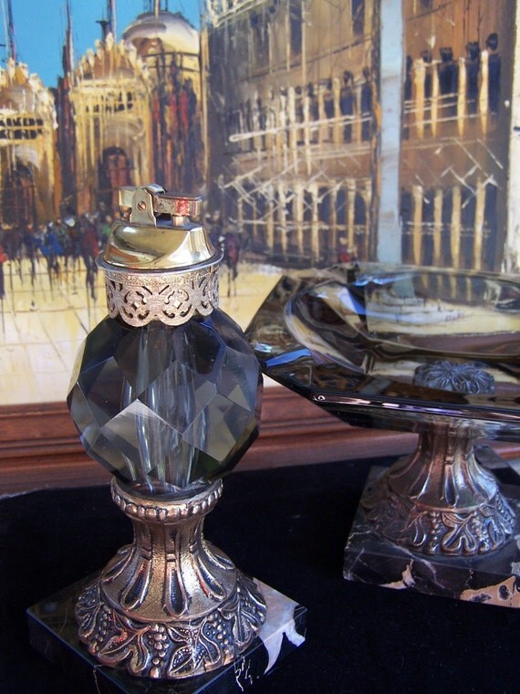Ornate Table Lighter and Ashtray Set
