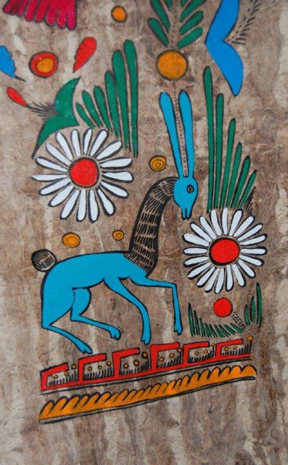 Folk Art BARK Painting Vintage Amate Blue Animals MEXICO