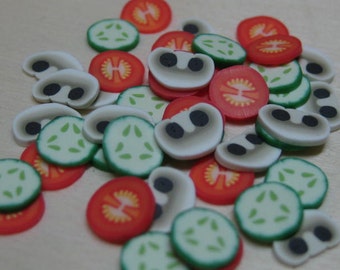DIY dollhouse miniature salad polymer clay cane slices tomato cucumber mushroom 45pcs