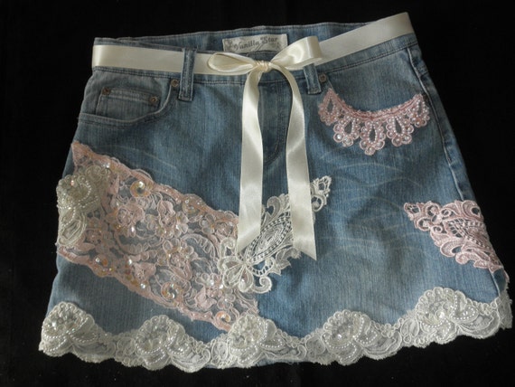 Items similar to Denim skirt embellished with lace appliques sz 16 on Etsy