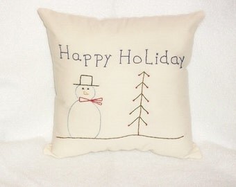 Snowman Pillow, Christmas Pillow, Tree, Holiday Decor, Original Design, Hand Stitched, Cottage Chic, Cushion, Primitive Pillow, Folk Art