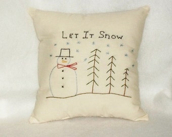 Snowman Pillow, Stitchery, Original Design, Hand Embroidered, Cottage Chic, Winter Pillow, Cushion, Christmas Decor, Holiday Seasonal Decor