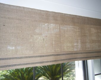 Burlap Window Valance with Striped Jute Band, 42" - 84" Wide X 16"Long, 'The Daytona' by Jackie Dix