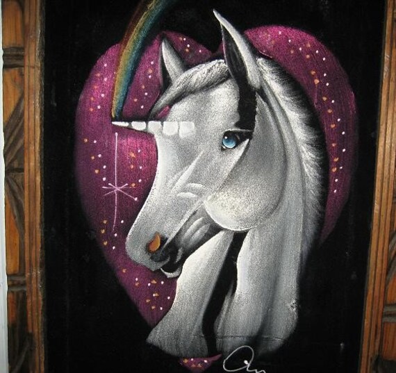 vintage unicorn on black velvet painting